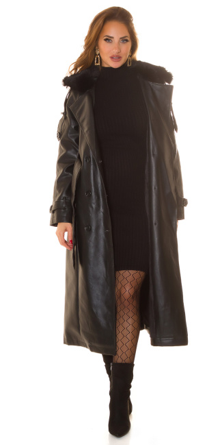 faux leather winter coat in Trenchcoat Look Black